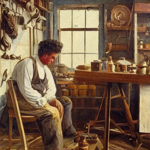 Image similar to old boat builder at work in his shop. late 1 9 th century. oil on canvas.