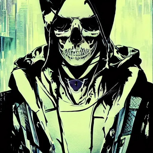 Image similar to futuristic cyberpunk traveler skull wearing black hood looking down by Yoji Shinkawa