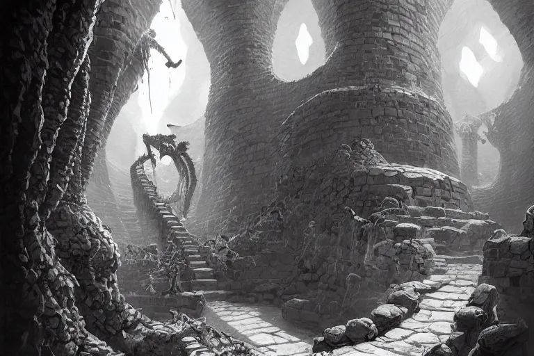 Image similar to black and white point perspective dungeon cozy fantasy dungeon you find the burrowed lair of swordlore, the full worm,by artgerm and Craig Mullins, James Jean, Andrey Ryabovichev, Mark Simonetti and Peter Morbacher 16k