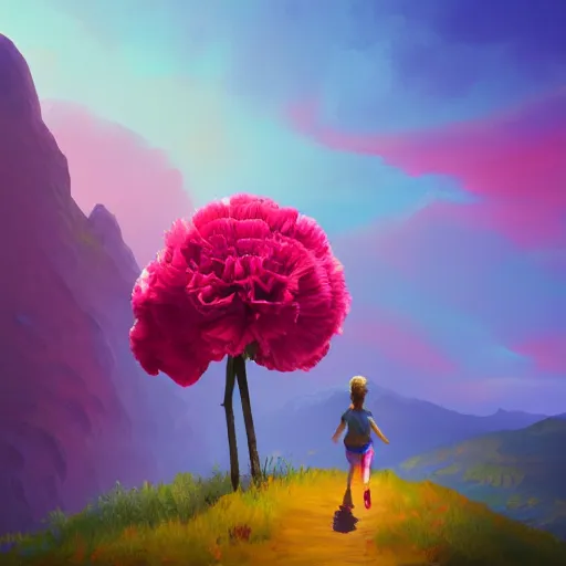 Prompt: giant carnation flower as a head, girl hiking in a canyon, surreal photography, sunrise, dramatic light, impressionist painting, colorful clouds, digital painting, artstation, simon stalenhag