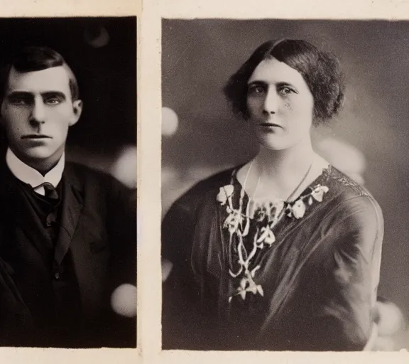 Image similar to color photo of attractive man and woman, age 40, in the year 1915