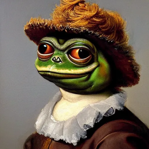 Prompt: pepe the frog, oil painting by annibale carracci in the style of rembrandt, art, oil on canvas, wet - on - wet technique, realistic, expressive emotions, intricate textures, illusionistic detail, trending on artstation hq