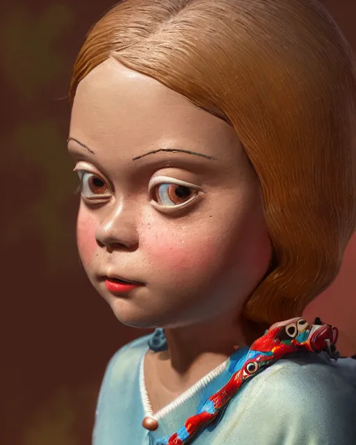 Image similar to closeup face profile portrait of greta thunberg as a tin toy 1 9 5 0 s chemistry teacher, bikini, depth of field, zeiss lens, detailed and intricate environment, fashion photoshoot by nicoletta ceccoli, mark ryden, lostfish, breathtaking, 8 k resolution, artistic, hyperrealistic, octane render