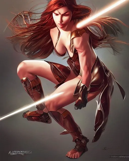 Image similar to The successful warrior is the average man with laser-like focus, artwork by artgerm, battle, Angry Amazon woman, yelling, elegant, seductive, full shot