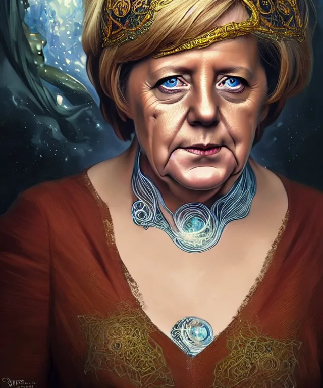 Image similar to angela merkel as a fantasy magic woman portrait, sci - fi, amber eyes, face, long hair, fantasy, intricate, elegant, highly detailed, digital painting, photo by reuters, artstation, concept art, sharp focus, art by artgerm and greg rutkowski and alphonse mucha