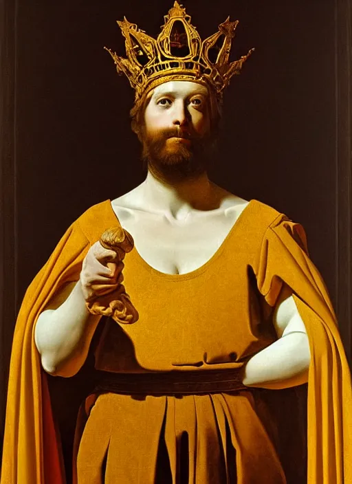 Image similar to the glorious sun king in the glorious court of france. art by georges de la tour and simon vouet, oil on canvas