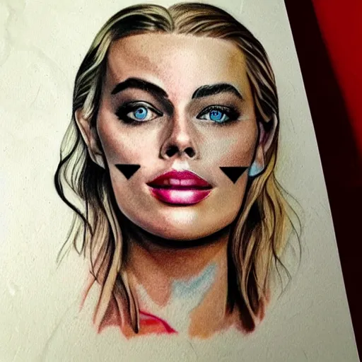 Image similar to face morph tattoo design sketch of margot robbie blended with beautiful mountain scenery, in the style of matteo pasqualin, amazing detail