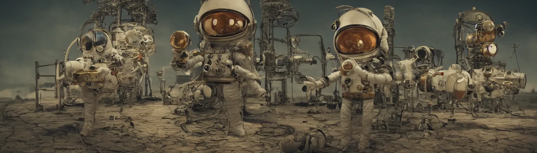 Prompt: Alexander Jansson Style, vintage astronaut in T pose, CGI, Many Details, Ultra Detailed, Octane Render, Real Engine 5 Cinematic, Realistic, Intricate Detail, Finely Detailed, Small Details, Extra Detail More details, tiny details, high resolution, 3D, PBR, path tracing, volumetric lighting, octane render, Arnold Render, 8k