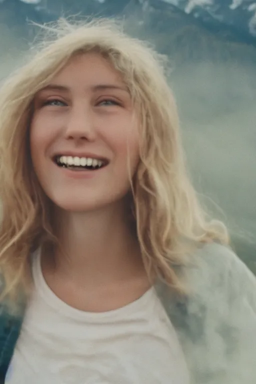 Image similar to film still of extreme close-up at young woman smile, fog, mountains in distance, 35mm