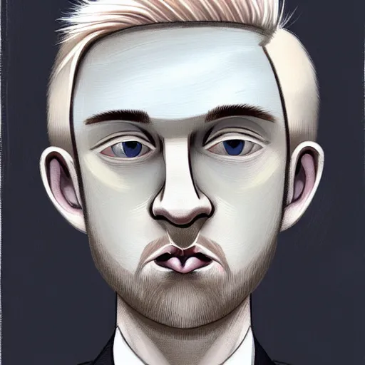 Prompt: thin blond man with blond hair long on top medium down the sides, blond beard, small chin, small nose, thin lips, English heritage, small blue eyes, tiny ears, middle aged, uncool, pale skin, narrow face, digital art, painterly, cartoon, cute, 8k, illustration, art by loish, painterly, trending on artstation, medium shot, uncropped