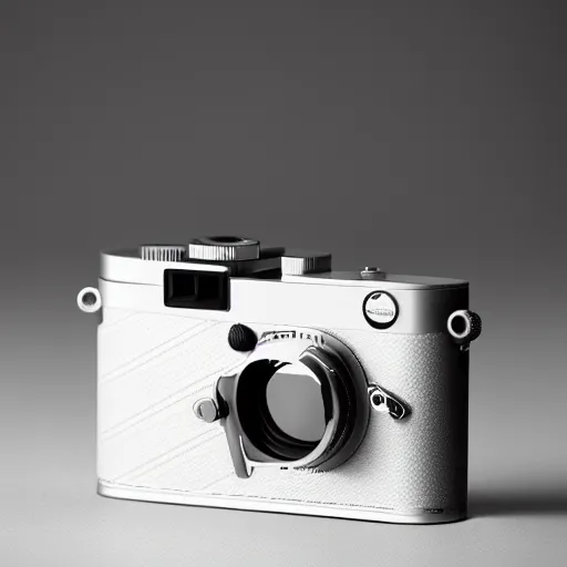 Image similar to from view of Leica rangefinder camera on white background, designed by Apple in California, industrial design, minimalism