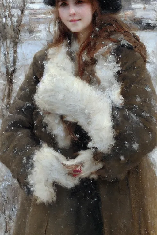 Image similar to Richard Schmid and Jeremy Lipking full length portrait painting of a young beautiful edwardian girl hold a victorian fur handwarmer standing in the snow