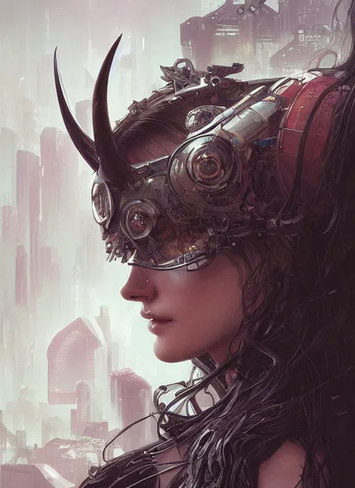 Image similar to a beautiful illustration of a cyberpunk witch with horns in head, intricate, sharp focus, illustration, highly detailed, digital painting, concept art, matte, art by wlop and artgerm and greg rutkowski and alphonse mucha, masterpiece