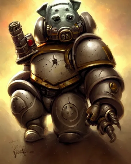 Image similar to cute little anthropomorphic Pig Space Marine, tiny, small, short, Space marine, cute and adorable, pretty, beautiful, DnD character art portrait, matte fantasy painting, DeviantArt Artstation, by Jason Felix by Steve Argyle by Tyler Jacobson by Peter Mohrbacher, cinema