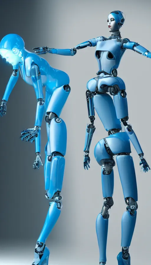 Image similar to a beautiful female robot human hybrid wearing a blue latex jumpsuit, circuitry glowing through the suit like tron, face, torso, legs, feet, full body epic angle, octane render, photo realistic, hyper realistic, 8 k resolution in the style of alvin schwartz