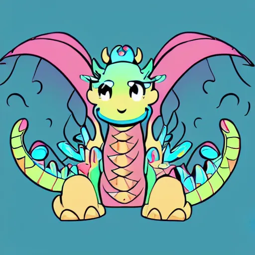 Prompt: cartoony cute dragon, teal, rainbow, pastel, colorful, sticker, clean lines, digital art