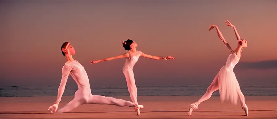 Prompt: contemporary russian ballet performance in los angeles at sunset, at venice beach, event photography, canon 5 0 mm ektachrome