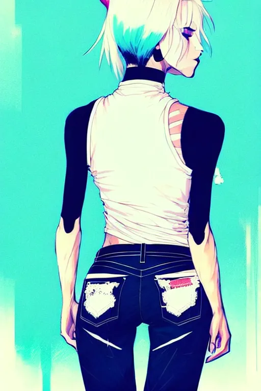 Image similar to a ultradetailed beautiful back painting of a stylish woman with white hair in a short pony tail, she is wearing jeans, by conrad roset, greg rutkowski and makoto shinkai trending on artstation