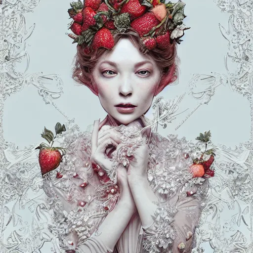 Image similar to the portrait of an absurdly beautiful, graceful, elegant, sophisticated, fashionable woman made of strawberries and white petals looking down, an ultrafine hyperdetailed illustration by kim jung gi, irakli nadar, intricate linework, bright colors, octopath traveler, final fantasy, unreal engine 5 highly rendered, global illumination, radiant light, detailed and intricate environment