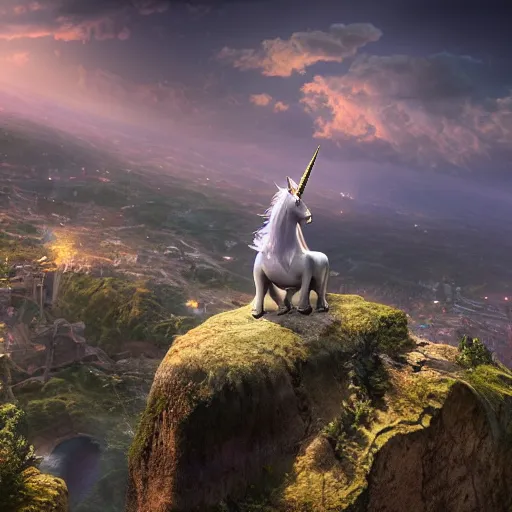 Image similar to a iridescent unicorn looking off a cliff overlooking a city covered in toxic smog, ultra realistic, concept art, intricate details, highly detailed, photorealistic, octane render, 8 k, fantasy art