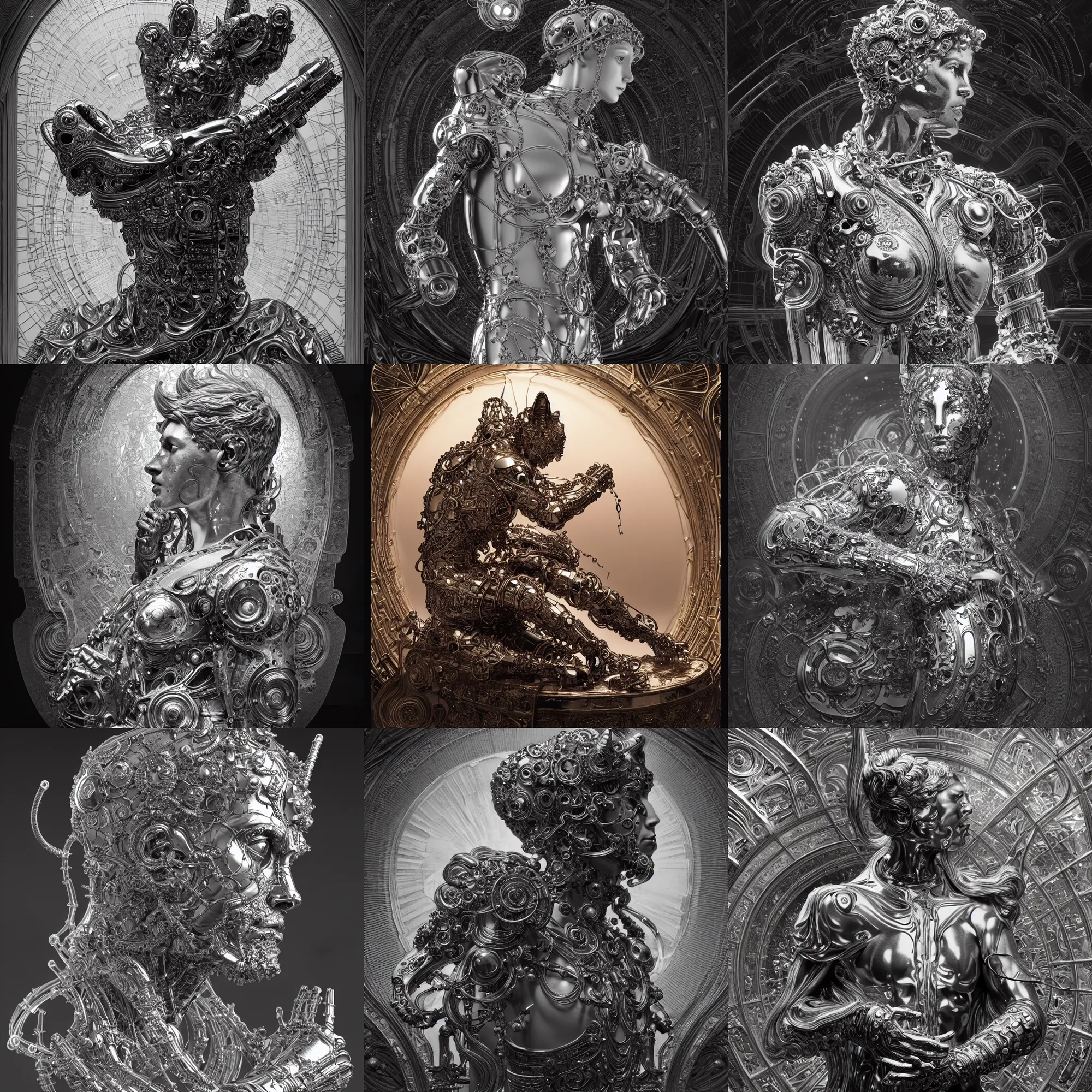 Prompt: vibrant ultra clear sculpture of beautiful cyborg roman god cat's ears, meditation position by laurie greasley gustave dore ron english alphonse mucha, cybernetics, low contrast, cinematic dramatic lighting, hyper realistic detailed intricate render, hypermaximalist, ornate, epic composition, 4 k 8 k, cryengine octane blender, sharp focus, concept art, masterpiece