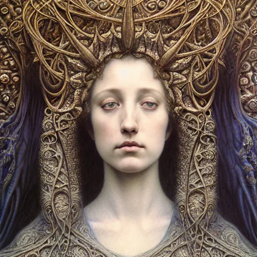 Prompt: detailed realistic beautiful young medieval queen face portrait by jean delville, gustave dore, iris van herpen and marco mazzoni, art forms of nature by ernst haeckel, art nouveau, symbolist, visionary, gothic, neo - gothic, pre - raphaelite, fractal lace, ai biodiversity, surreality, intricate hyper detailed ultra sharp octane render