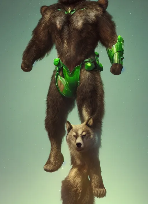 Prompt: green eyed superhero with wolf head and bear body, hyper detailed, digital art, trending in artstation, cinematic lighting, studio quality, smooth render, unreal engine 5 rendered, octane rendered, art style by klimt and nixeu and ian sprigger and wlop and krenz cushart.