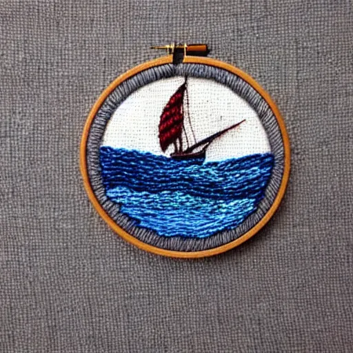 Prompt: a tiny beautiful handmade embroidery of a pirate ship on the ocean. hand embroidery.