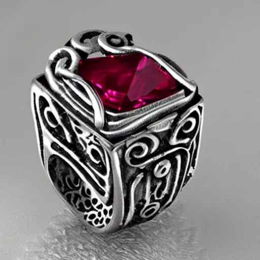 Image similar to skeletonized silver ring with rubies macro rendered intricate detail