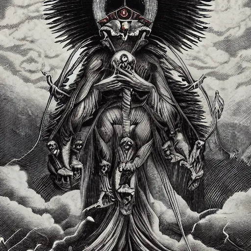 Image similar to mandrill descending from heaven, in the style of deathspell omega's fas album cover, illustration, detailed