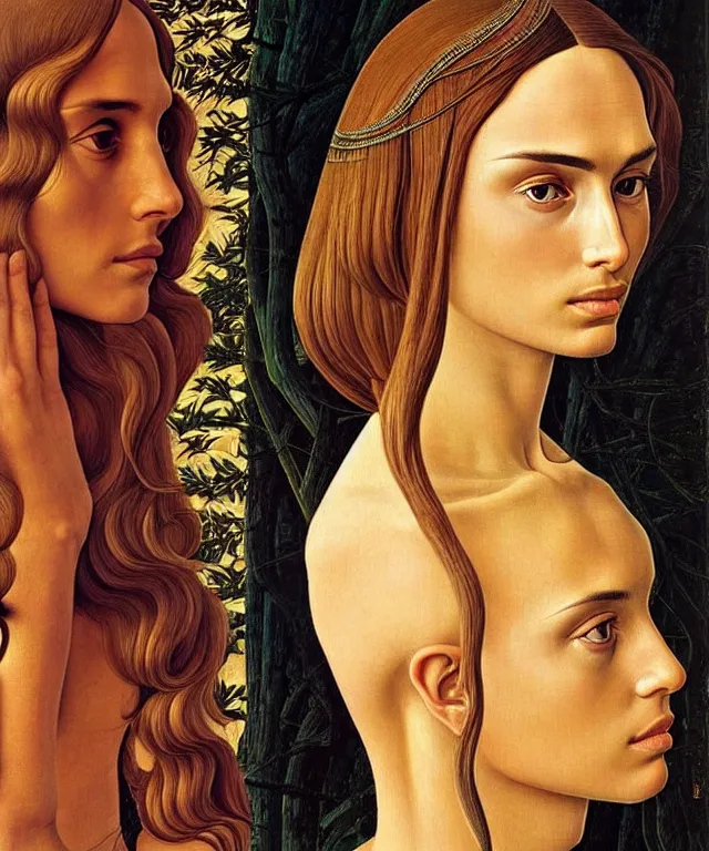 Image similar to Nathalie portman portrait by Sandro Botticelli and Moebius, 3/4 view, amber eyes, beautiful face, appealing long hair, fantasy, intricate, elegant, highly detailed, smooth, sharp focus, oil painted illustration by Sandro Botticelli and Moebius