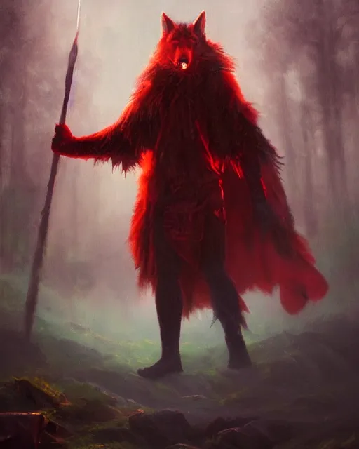 Image similar to oil painting of Anthropomorphized Wolf Shaman holding magical lightning staff, wearing red fur cloak, sharp focus, , magical aura, heroic pose, fantasy style, octane render, volumetric lighting, 8k high definition, by greg rutkowski, highly detailed, trending on art Station, magic the gathering artwork, Lightning storm background, centered