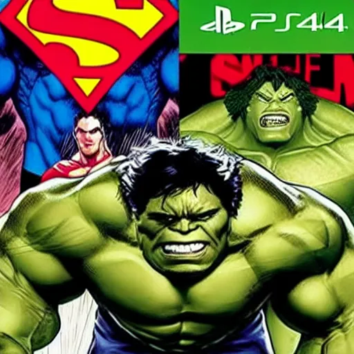 Image similar to video game box art of a ps 4 game called superman vs the incredible hulk, 4 k, highly detailed cover art.