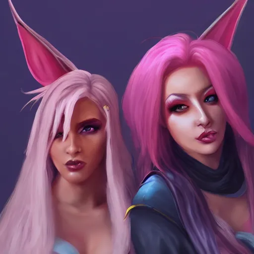 Image similar to xayah and kai'sa, pretty girls, best friends, hyperrealistic, trending on artstation