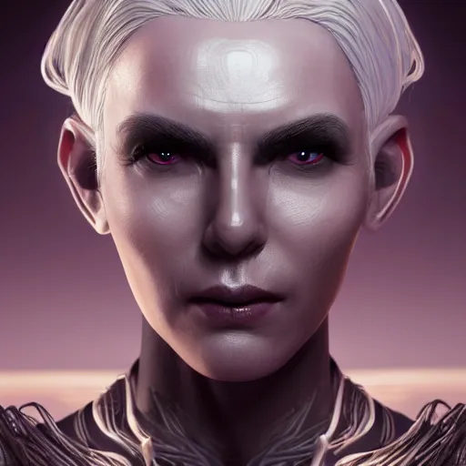 Prompt: portrait of a dunmer woman with white hair pulled back standing inside velothi temple dark elf intricate portrait by Tooth Wu and wlop and beeple and Dan Mumford. Octane render, trending on artstation, greg rutkowski very coherent symmetrical artwork. Cinematic, hyper realism, high detail 8k