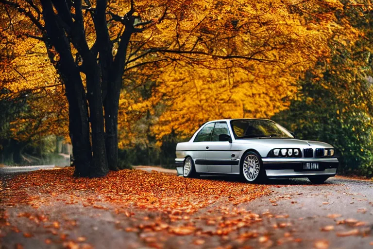 Image similar to A BMW e36 parked in a road with trees, autumn season, Epic photography, taken with a Leica camera, 50 mm, depth of field