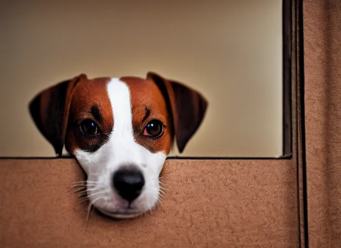 Image similar to photography of a Jack Russel . watching outside the window. on a bed. in a 70's room full of vinyls and posters, photorealistic, award winning photo, 100mm, sharp, high res