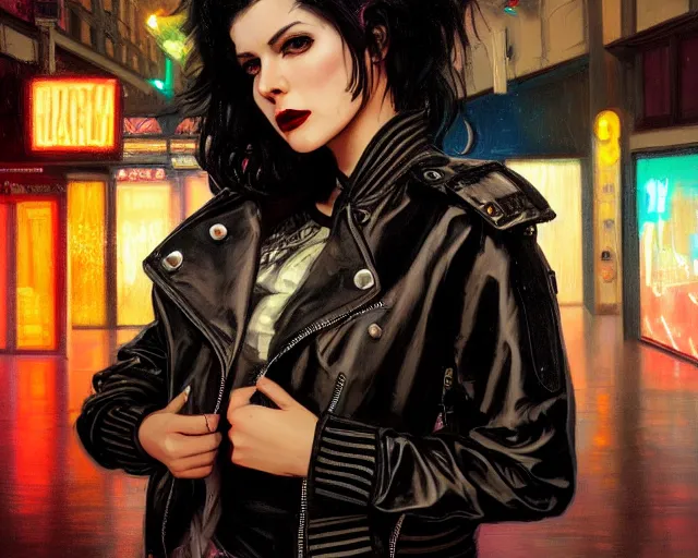 Image similar to painting of a punk woman in a leather bomber jacket on a rainy street at night, neon lighting, medium shot, symmetrical, elegant intricate digital painting, trending on artstation, by artgerm and greg rutkowski and alphonse mucha