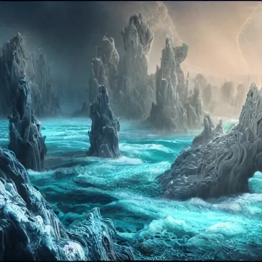 Image similar to The lost Atlantis appears in the multiverse, and the overall tone is atmospheric, hazy, magical, hyper-detailed and realistic，baroque style, realistic geometry, unreal engine 5, hyper realistic, insane details, reflections, best quality, cinematic, epic, 8k, octane render, atmospheric, ambient, volumetric lighting, ultra detail, surrealism,--ar 16:9