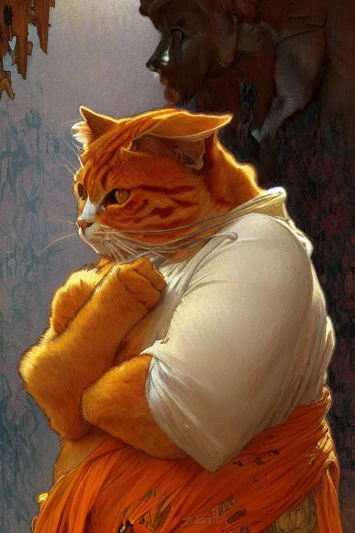 Image similar to painted portrait of rugged fat orange cat, masculine, powerful, handsome, upper body, white robe, fantasy, intricate, elegant, highly detailed, digital painting, artstation, concept art, smooth, sharp focus, illustration, art by gaston bussiere and alphonse mucha