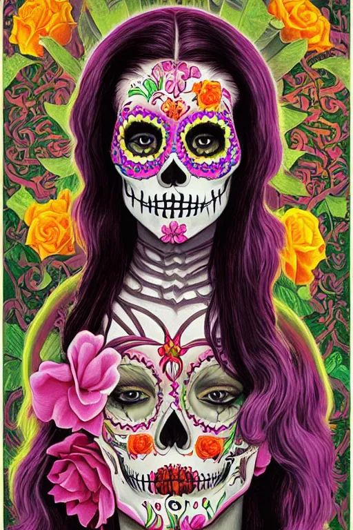 Prompt: Illustration of a sugar skull day of the dead girl, art by Alex Horley