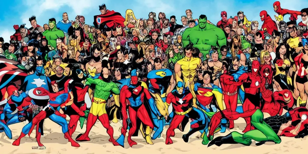 Prompt: many dc and marvel characters having fun together at a party on the beach