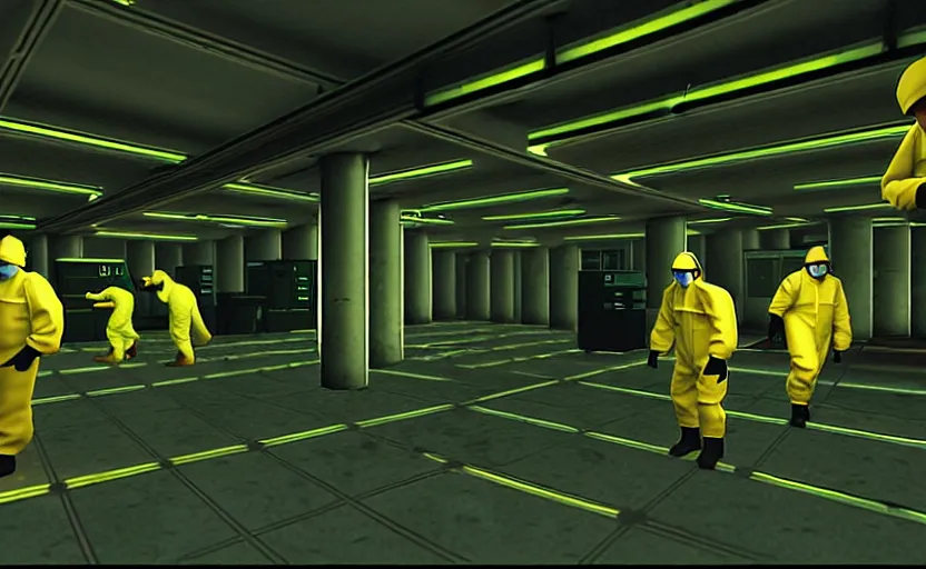 Image similar to in-game screenshot of a group of hazmat scientists on Playstation 2, in a liminal underground garden, photorealistic, retrofuturism, brutalism, staggered terraces, minimalist, soft vintage glow