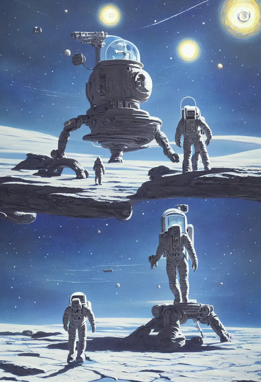 Prompt: an epic painting of a futuristic astronaut walking along an airless icy planet in the endless starry night of space, unreal 5, DAZ, detailed, soft focus, brilliant, 4k, 8k, HD, trending on artstation, art by Rick Guidice painting by Robert McCall by John Harris, abstract