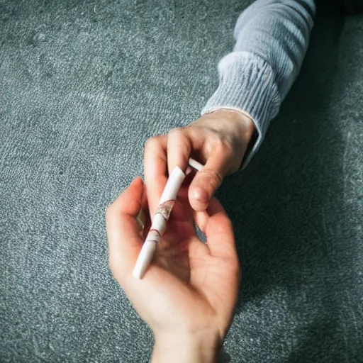 Prompt: Close-up of pretty hand holding cigarette, realistic photo