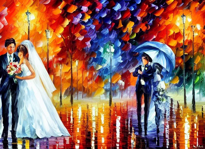 Image similar to A romantic wedding couple with umbrella, groom , bride, painting by Leonid Afremov