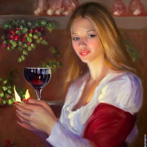 Prompt: pretty blonde beautiful woman in a wine cellar, elegant, red wine, meat, cheese, sausages, torches light the wall, impressionism, painting by Vladimir Volegov