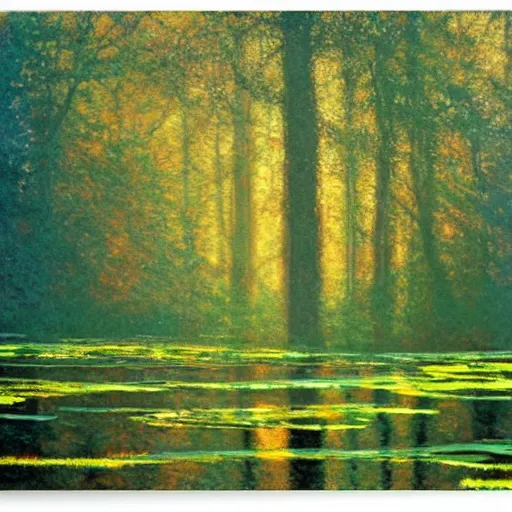 Image similar to A magical forest by Greg Rutkowsky and Claude Monet