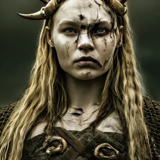 Prompt: Ultrawide realistic photo of a majestic viking woman, unbothered, battle-scarred mind-blowing details, hyperrealism, highly detailed face, ethereal, sadness, luxury, ominous, scarred, highly detailed, viking attire, cinematic, 16k, 1080s, smooth, sharp focus, by Stanley Artgermm, WLOP, trending on DeviantArt, trending on ArtStation, digital art, Smooth gradients, depth of field, shot on Canon Camera