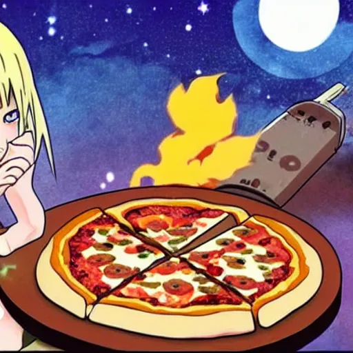 Prompt: naruto eating pizza for breakfast on luna, with dancing sandals, anime illustration, detailed